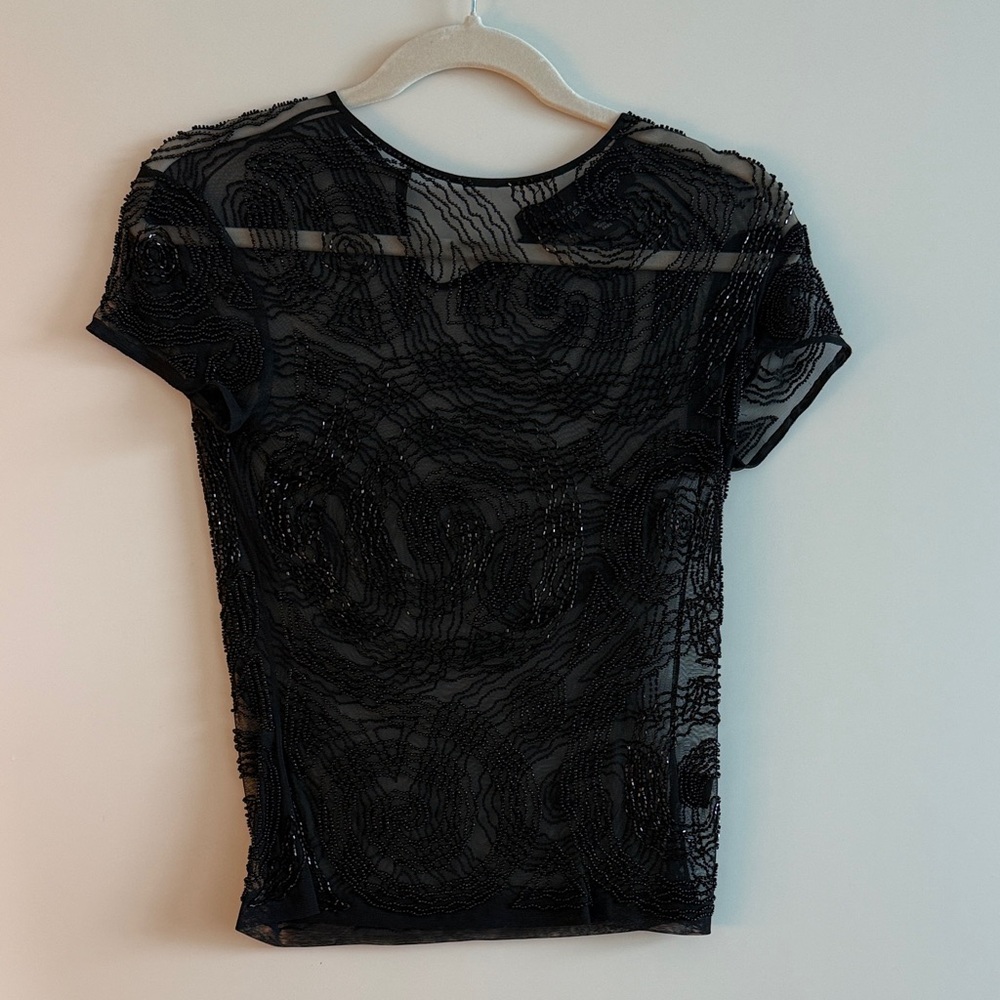 Vintage Beaded Elegant Black Sheer Women's Top short sleeve